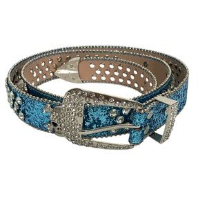 Women’s blue sparkly skull and cross bones belt rhinestones punk goth alt